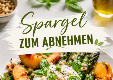 Frau genießt ein gesundes Spargelgericht mit weißem und grünem Spargel, pochiertem Ei, frischen Kräutern und Microgreens in einer hellen Küche. Das leichte, eiweißreiche Frühlingsgericht eignet sich ideal für eine ausgewogene Ernährung und zum Abnehmen.