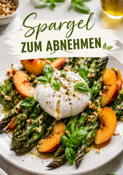 Frau genießt ein gesundes Spargelgericht mit weißem und grünem Spargel, pochiertem Ei, frischen Kräutern und Microgreens in einer hellen Küche. Das leichte, eiweißreiche Frühlingsgericht eignet sich ideal für eine ausgewogene Ernährung und zum Abnehmen.