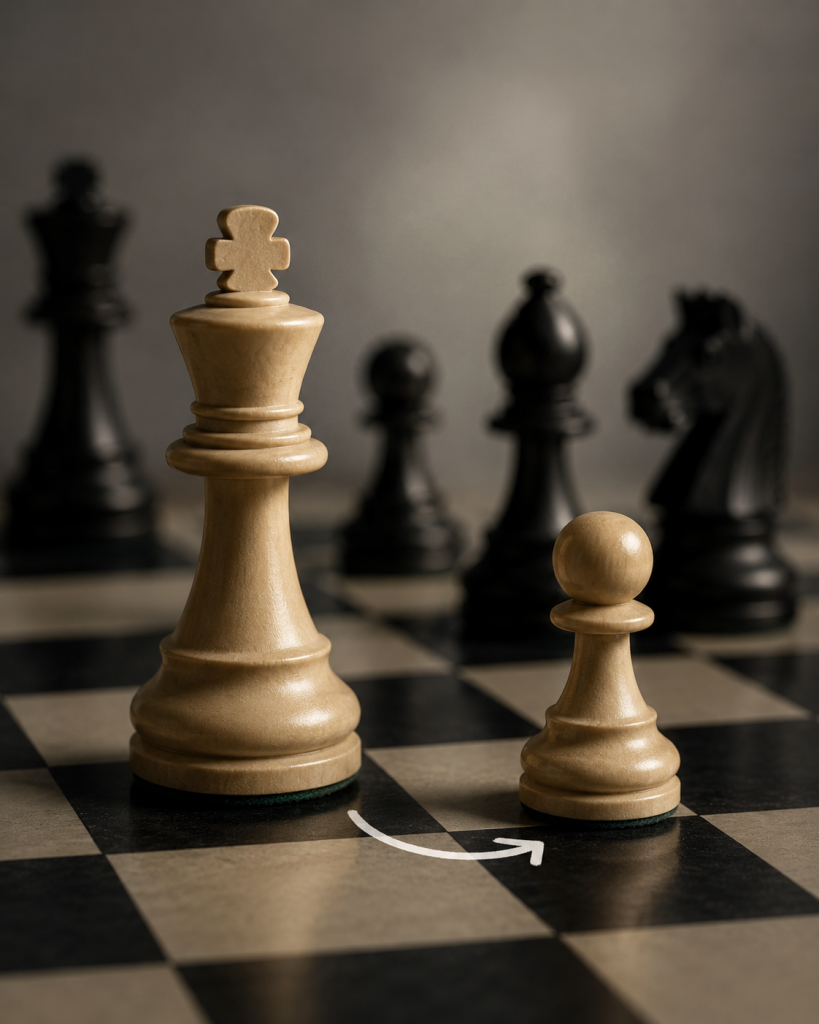 Schachfiguren auf einem Schachbrett als Symbol für strategisches Denken. Das Bild verdeutlicht, dass Rückschläge beim Abnehmen manchmal notwendig sind, um langfristig erfolgreich zu sein.
