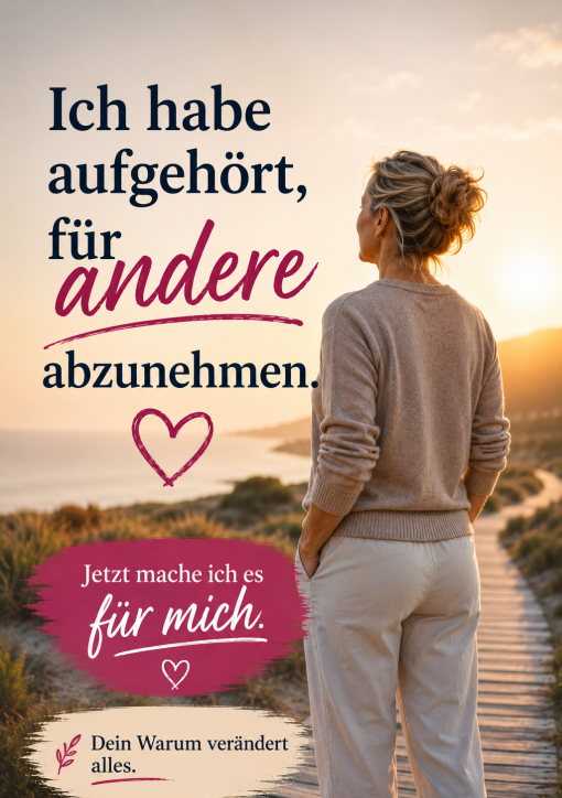 Frau geht bei Sonnenuntergang selbstbewusst einen Küstenweg entlang. Das Bild symbolisiert persönliche Veränderung, innere Stärke und Motivation beim Abnehmen in den Wechseljahren.