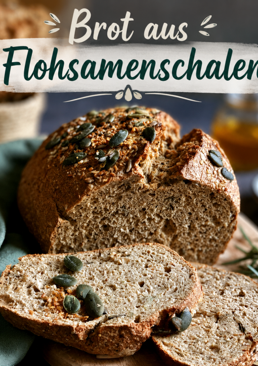Frisch gebackenes Brot aus Flohsamenschalen mit Kürbiskernen auf einem Holzbrett. Ballaststoffreiches, sättigendes Brot für eine gesunde Ernährung und zum Abnehmen.