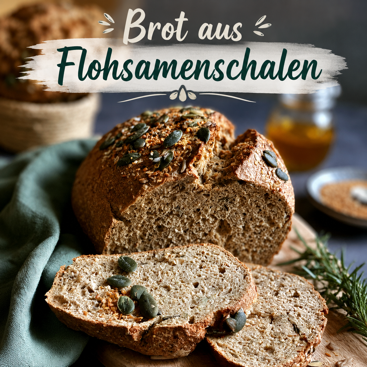 Frisch gebackenes Brot aus Flohsamenschalen mit Kürbiskernen auf einem Holzbrett. Ballaststoffreiches, sättigendes Brot für eine gesunde Ernährung und zum Abnehmen.