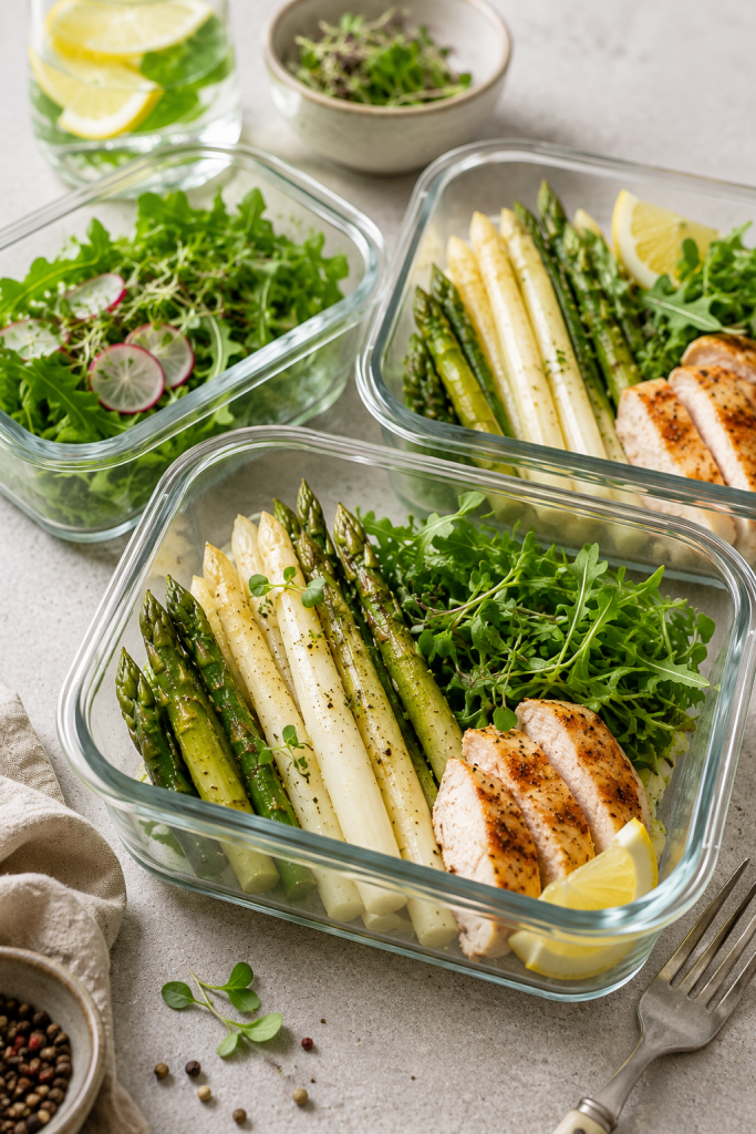 Meal-Prep-Glasbehälter mit weißem und grünem Spargel, gegrillter Hähnchenbrust, frischem Rucola und Zitrone. Gesunde, eiweißreiche Mahlzeiten zum Vorbereiten für eine ausgewogene Ernährung und zum Abnehmen.