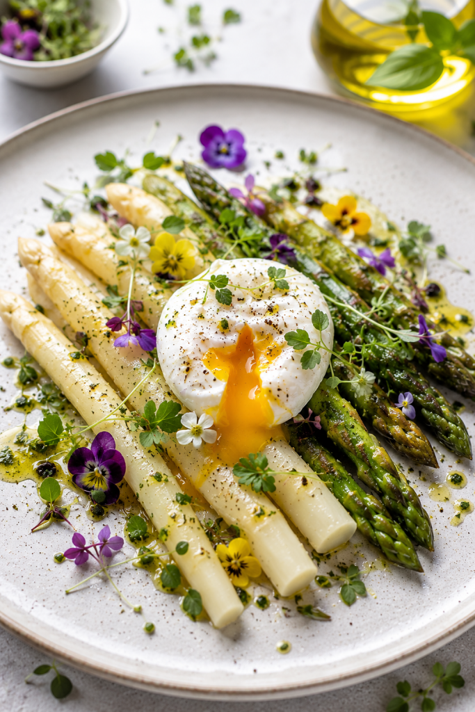 Weißer und grüner Spargel mit pochiertem Ei, frischen Kräutern, Microgreens und essbaren Blüten auf einem eleganten Teller. Leichtes, eiweißreiches Frühlingsgericht für eine ausgewogene Ernährung und gesundes Abnehmen.