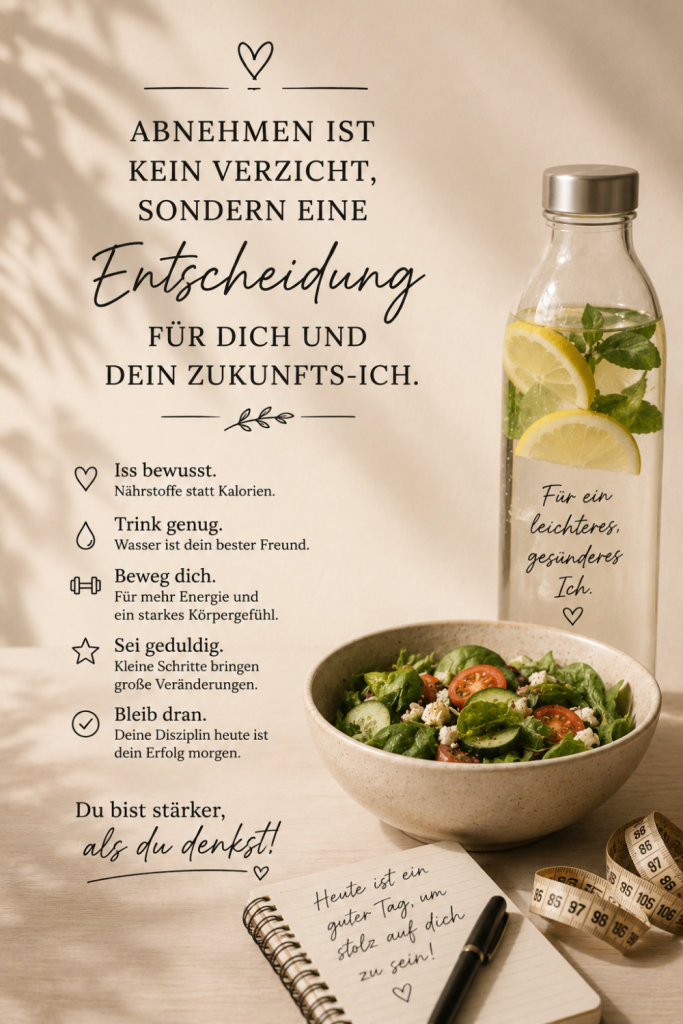 Abnehmen ohne Verzicht: Inspirierendes Motivationsbild mit Zitronenwasser, gesundem Salat und Tipps für eine bewusste Ernährung. Das Bild steht für nachhaltiges Abnehmen, gesunde Gewohnheiten und mehr Wohlbefinden.