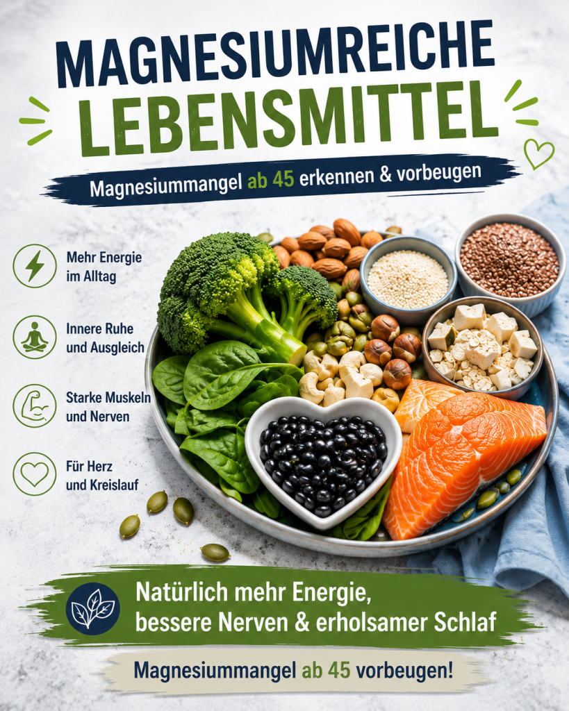Magnesiumreiche Lebensmittel wie Brokkoli, Spinat, Lachs, Nüsse, Samen und Hülsenfrüchte zur Vorbeugung von Magnesiummangel ab 45.