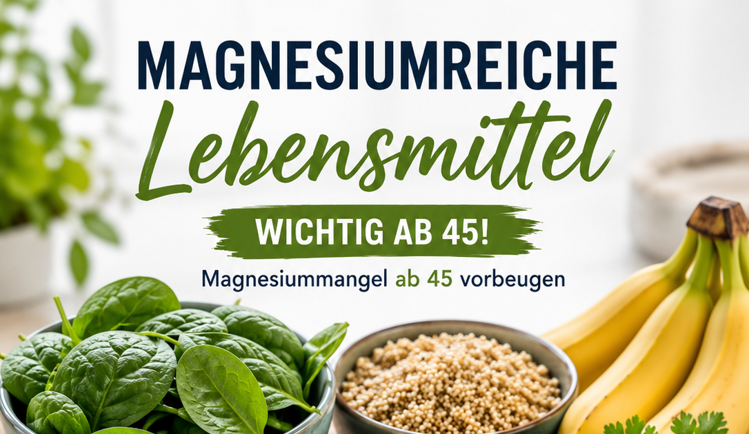 Magnesiumreiche Lebensmittel wie Spinat, Mandeln, Kürbiskerne, Bohnen, Avocado und dunkle Schokolade zur Vorbeugung von Magnesiummangel ab 45.