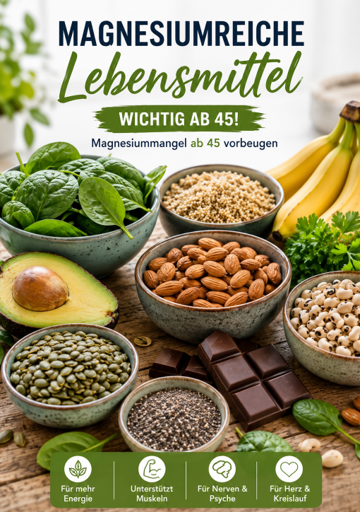 Magnesiumreiche Lebensmittel wie Spinat, Mandeln, Kürbiskerne, Bohnen, Avocado und dunkle Schokolade zur Vorbeugung von Magnesiummangel ab 45.