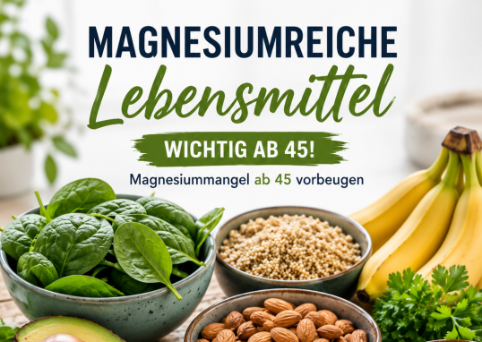 Magnesiumreiche Lebensmittel wie Spinat, Mandeln, Kürbiskerne, Bohnen, Avocado und dunkle Schokolade zur Vorbeugung von Magnesiummangel ab 45.