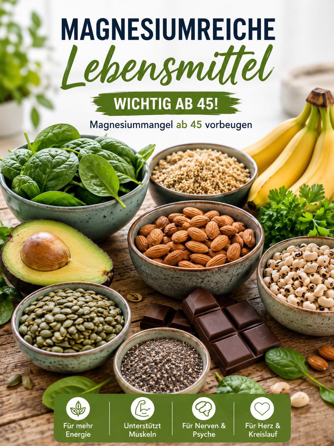 Magnesiumreiche Lebensmittel wie Spinat, Mandeln, Kürbiskerne, Bohnen, Avocado und dunkle Schokolade zur Vorbeugung von Magnesiummangel ab 45.