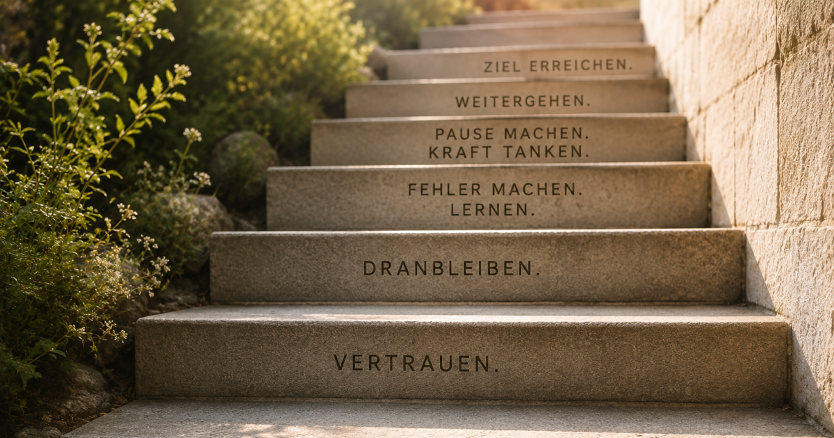 Steinernes Treppenmotiv mit mehreren Stufen, das symbolisch für den Weg zum Erfolg steht. Die Treppe veranschaulicht, dass Fortschritt Schritt für Schritt erfolgt und Rückschläge beim Abnehmen Teil des Weges sein können.