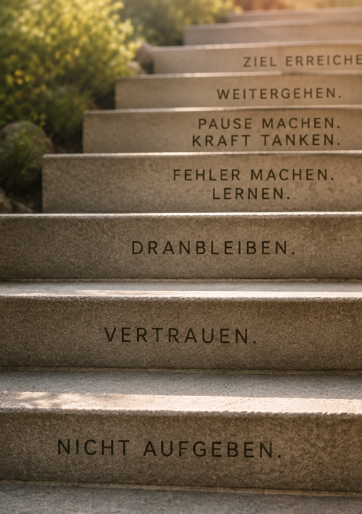 Steinernes Treppenmotiv mit mehreren Stufen, das symbolisch für den Weg zum Erfolg steht. Die Treppe veranschaulicht, dass Fortschritt Schritt für Schritt erfolgt und Rückschläge beim Abnehmen Teil des Weges sein können.