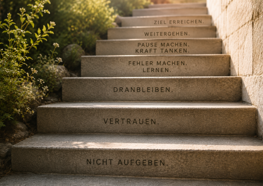 Steinernes Treppenmotiv mit mehreren Stufen, das symbolisch für den Weg zum Erfolg steht. Die Treppe veranschaulicht, dass Fortschritt Schritt für Schritt erfolgt und Rückschläge beim Abnehmen Teil des Weges sein können.
