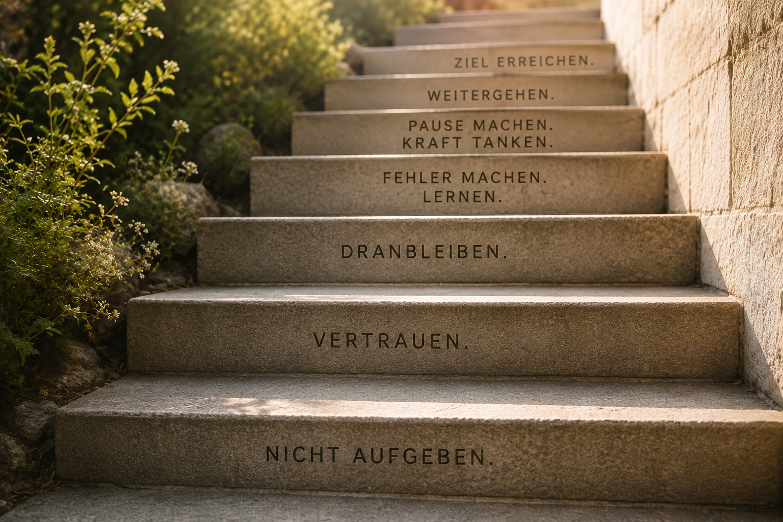 Steinernes Treppenmotiv mit mehreren Stufen, das symbolisch für den Weg zum Erfolg steht. Die Treppe veranschaulicht, dass Fortschritt Schritt für Schritt erfolgt und Rückschläge beim Abnehmen Teil des Weges sein können.