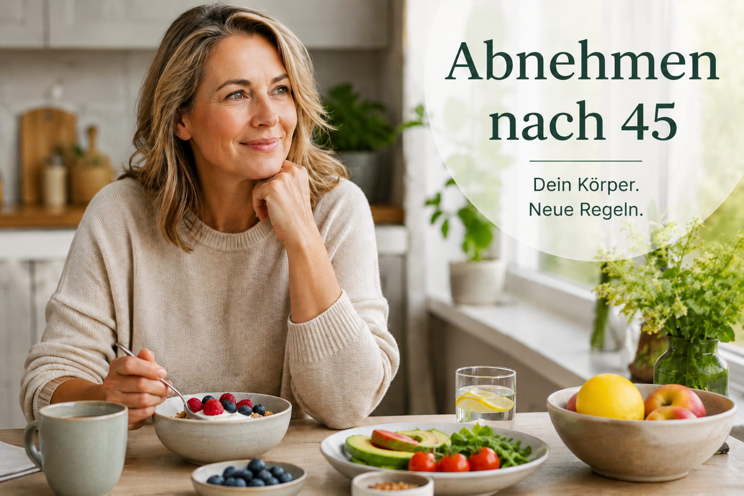 Alt-Text: Frau über 45 sitzt entspannt in einer hellen Küche und isst ein gesundes Frühstück mit Beeren, Joghurt und frischen Lebensmitteln – Symbolbild für Abnehmen nach 45.