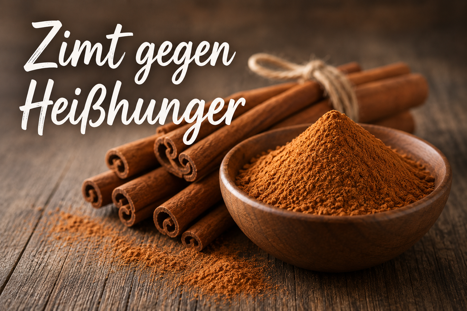Schale mit gemahlenem Zimt und Zimtstangen auf einem rustikalen Holztisch mit der Aufschrift „Zimt gegen Heißhunger