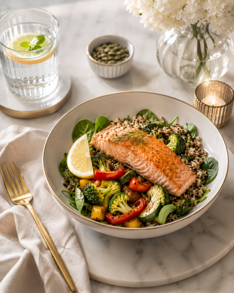 Hochwertig angerichtetes Lachsgericht mit Gemüse und Quinoa als Beispiel für eine eiweißreiche, ausgewogene Ernährung.