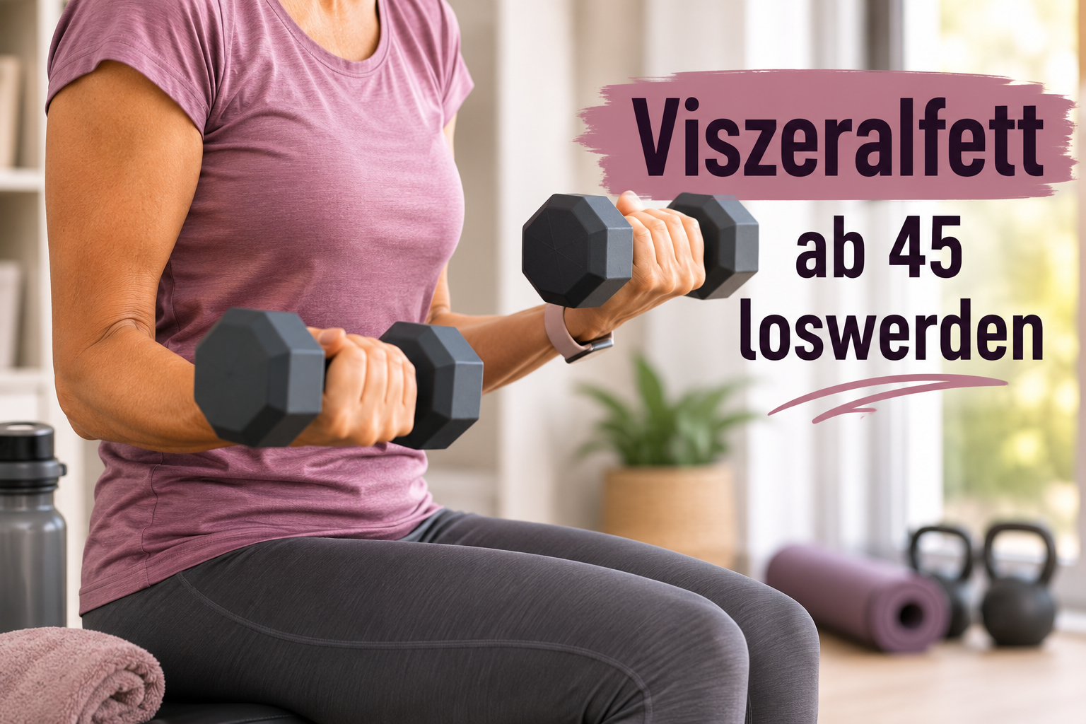 Frau ab 45 trainiert mit Kurzhanteln für mehr Muskelkraft und einen gesunden Stoffwechsel.