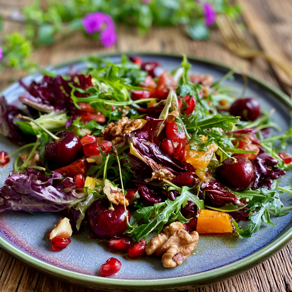Ein leichter Sommersalat mit Sauerkirschen und Nüssen.