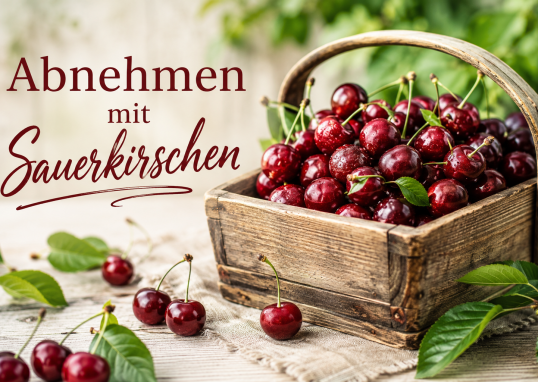 Rustikaler Holzkorb mit dunkelroten Sauerkirschen und der Aufschrift „Abnehmen mit Sauerkirschen.