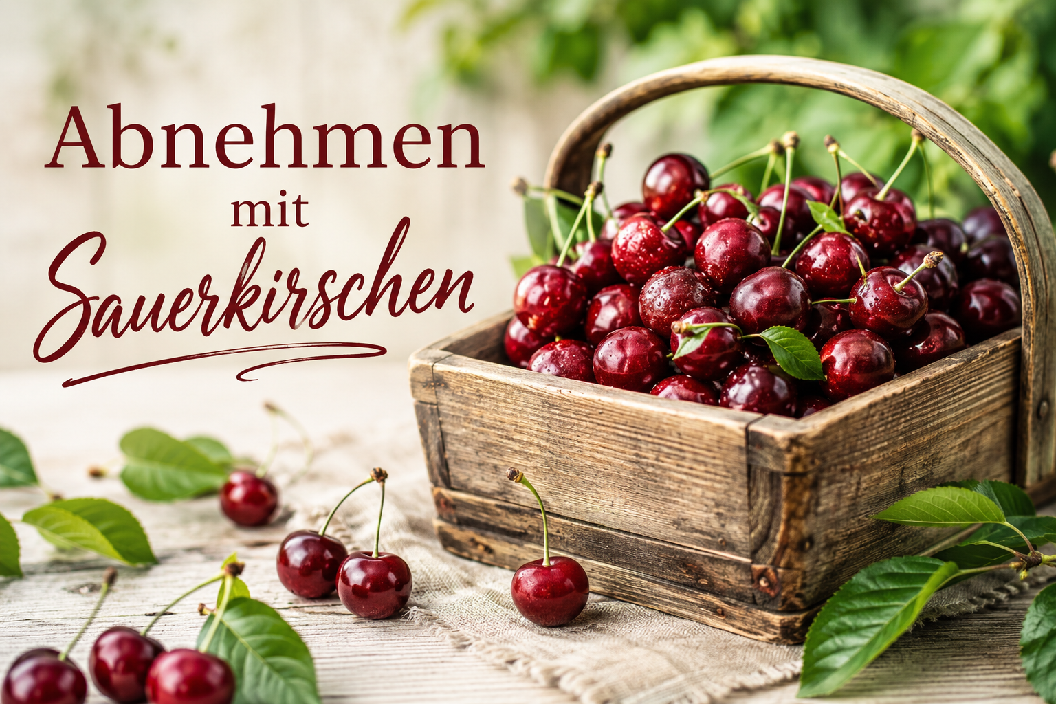 Rustikaler Holzkorb mit dunkelroten Sauerkirschen und der Aufschrift „Abnehmen mit Sauerkirschen.