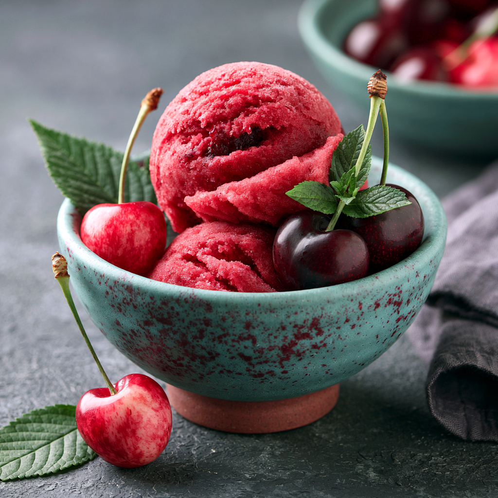 Sauerkirschsorbet in einer kleinen Schale, dunkelrot, cremig und sommerlich angerichtet.