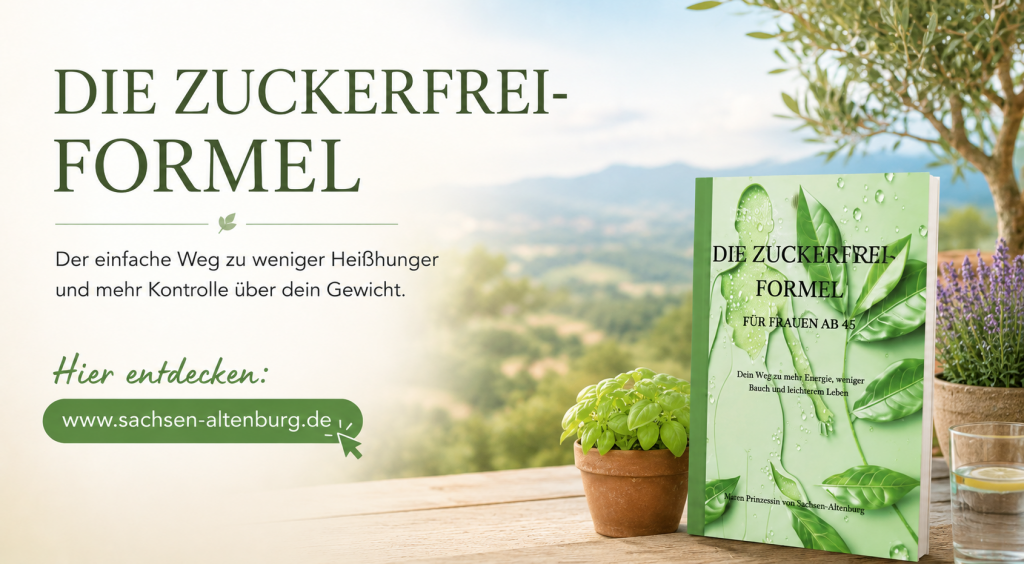Banner für Die Zuckerfrei-Formel für Frauen ab 45: Buchcover auf einem Holztisch vor verschwommener grüner Hügellandschaft, umgeben von Basilikum, Olivenzweig und Lavendel. Text: „Der einfache Weg zu weniger Heißhunger und mehr Kontrolle über dein Gewicht" mit Link-Button zu www.sachsen-altenburg.de.