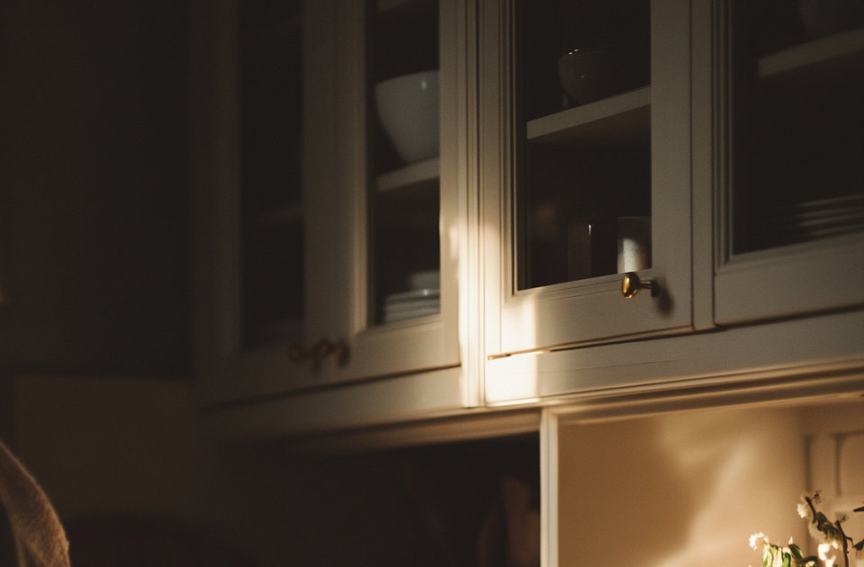 Frau greift abends im warmen Licht in den Küchenschrank – Symbolbild für Zucker als Belohnung nach einem anstrengenden Tag