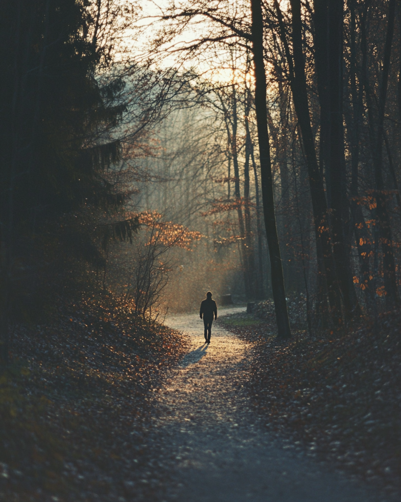 „Ein Spaziergang bei Sonnenuntergang einen ruhigen Waldweg entlang – Symbolbild für eine Alternative zu Zucker als Belohnung