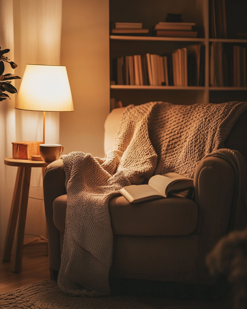 Gemütlicher Lesesessel mit Tasse und Buch am Abend – Symbolbild für Ruhe statt Zucker als Belohnung