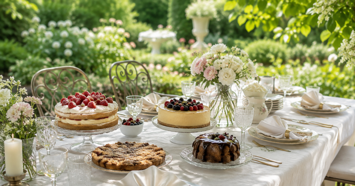 Festlich gedeckter Gartentisch mit mehreren Kuchen, Blumen und viel Grün.