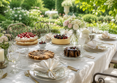 Festlich gedeckter Gartentisch mit mehreren Kuchen, Blumen und viel Grün.