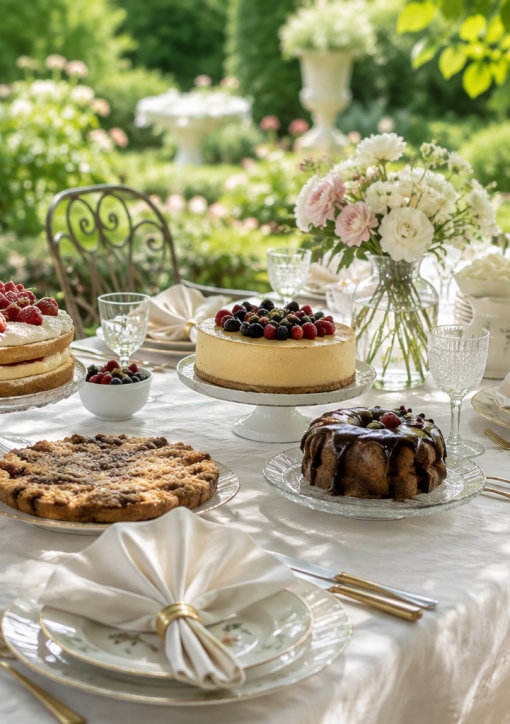 Festlich gedeckter Gartentisch mit mehreren Kuchen, Blumen und viel Grün.