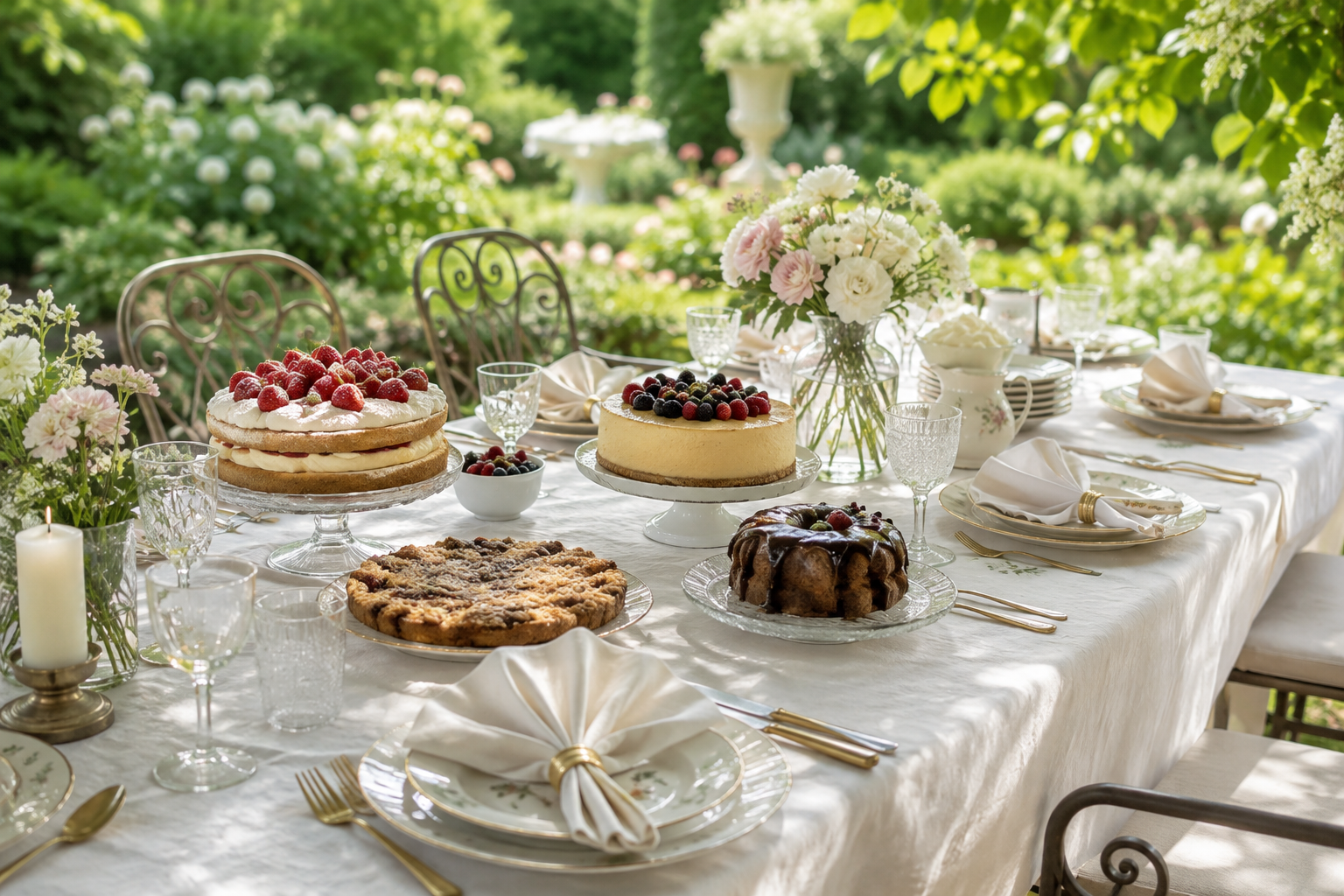 Festlich gedeckter Gartentisch mit mehreren Kuchen, Blumen und viel Grün.