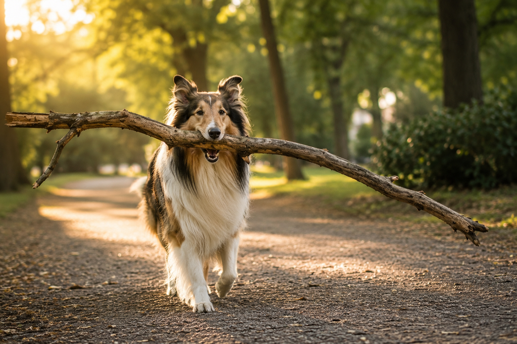 Collie trägt beim Spaziergang einen viel zu großen Stock und sorgt für einen kleinen Moment zum Lächeln.