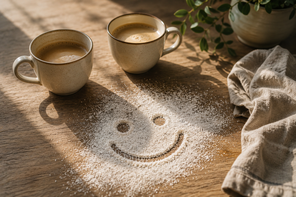 Zwei Kaffeetassen auf einem Tisch mit einem kleinen Lächeln aus verstreutem Zucker.