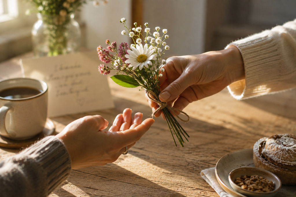 Eine Hand überreicht einen kleinen Blumenstrauß als unerwartete Geste der Freude und Wertschätzung.